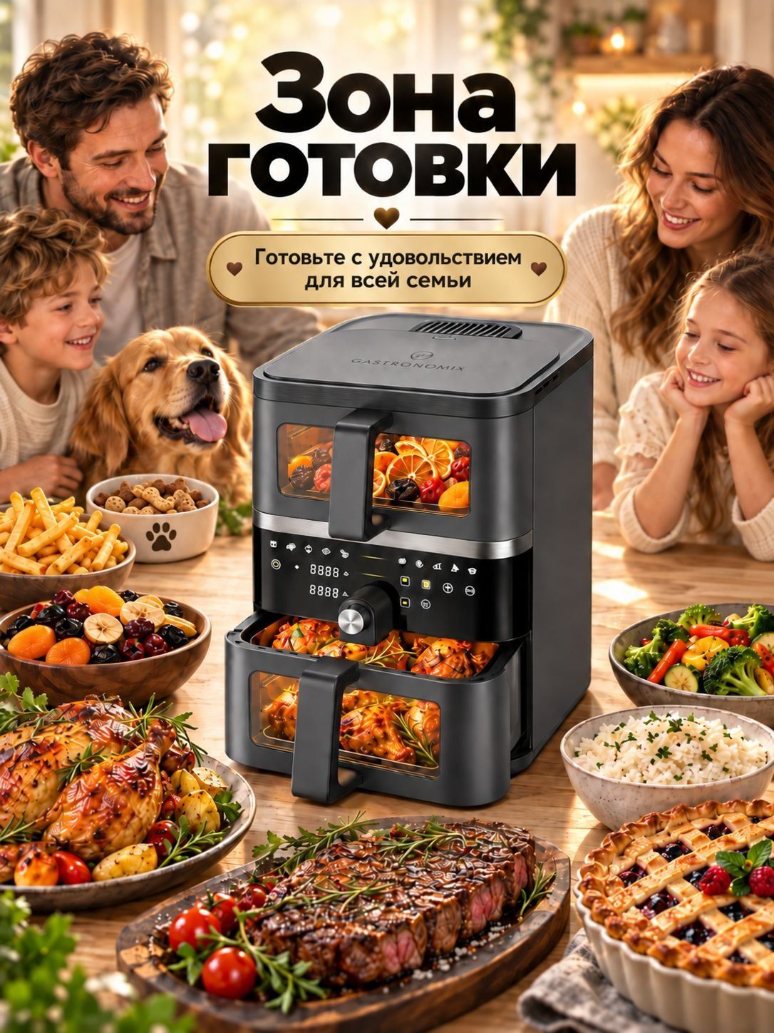 Аэрогриль Gastronomix на кухонном столе среди готовых блюд: курица, стейк, картофель фри, пирог