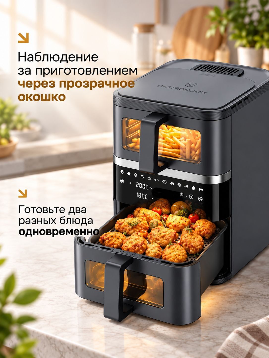 Аэрогриль Gastronomix с двумя чашами: в верхней картофель фри, в выдвинутой нижней — запечённое мясо
