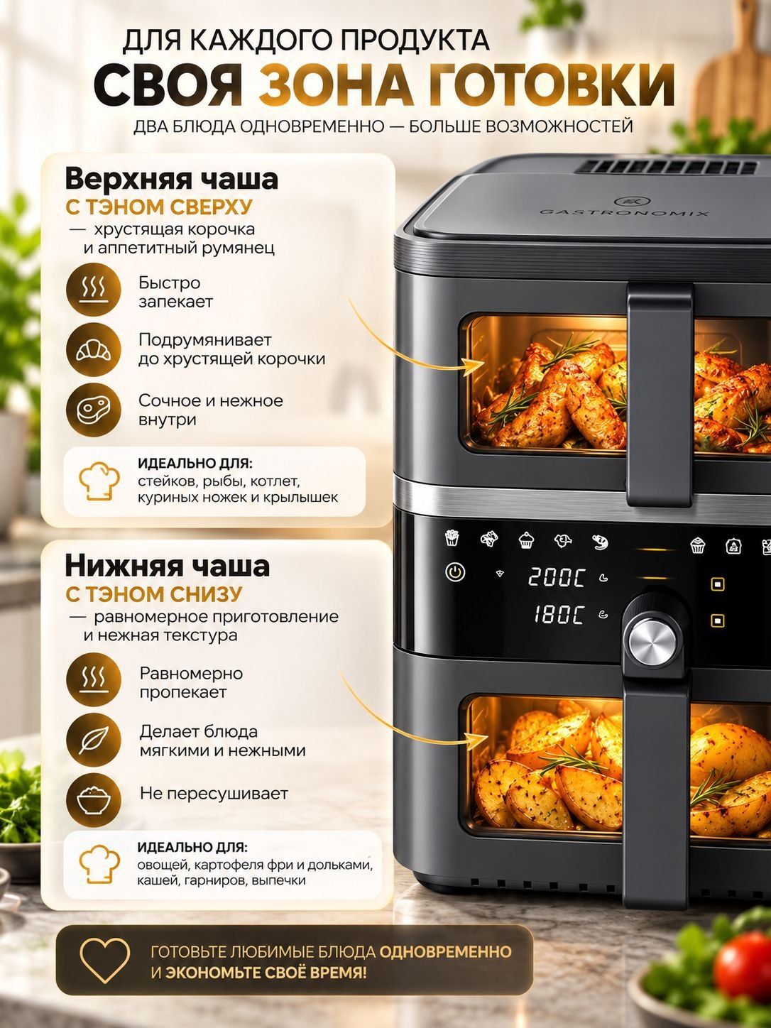 Слайд продавца: верхняя и нижняя чаши аэрогриля, у каждой своя зона готовки